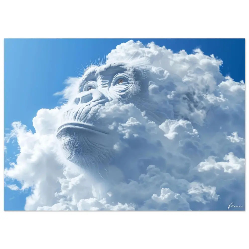 Une sculpture de nuage blanc frappante représentant le visage d’un gorille, minutieusement détaillée avec des textures réalistes et se dressant sur un ciel bleu vibrant.