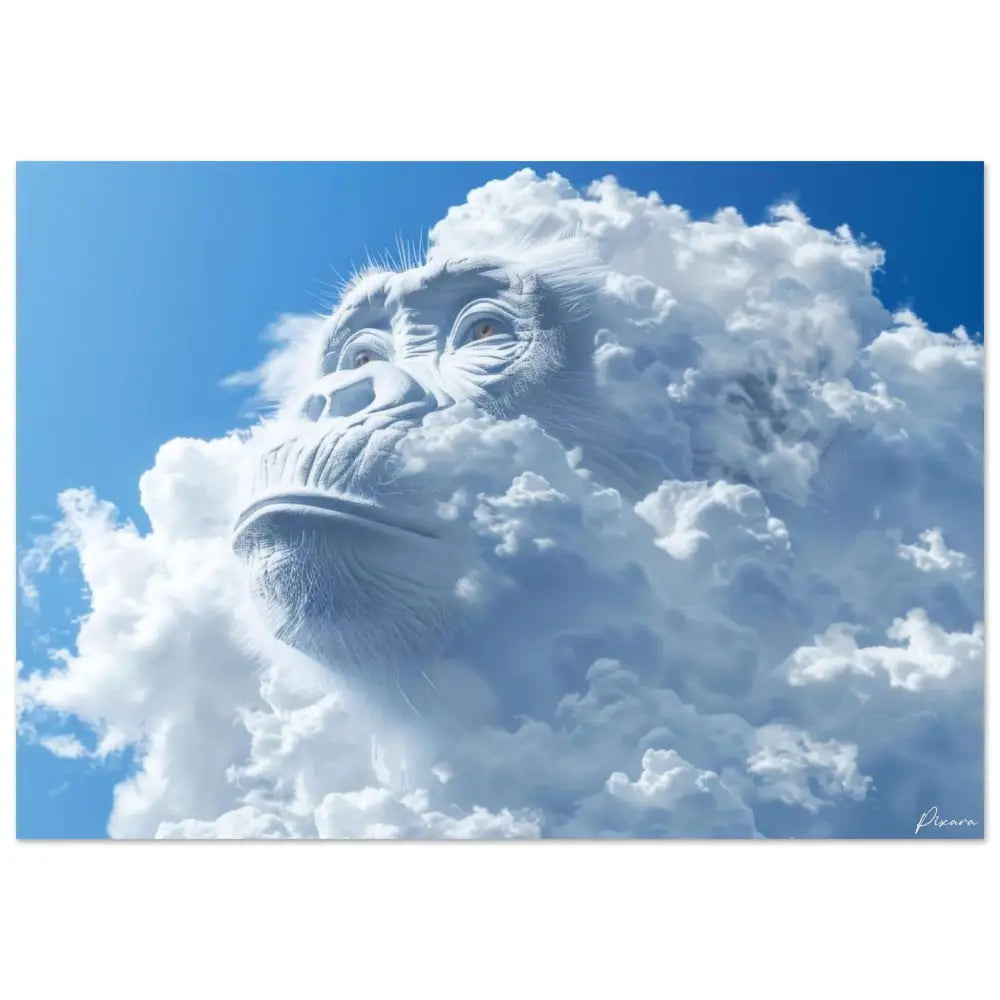 Une sculpture de nuage blanc frappante représentant le visage d’un singe, minutieusement détaillée avec une fourrure texturée et des yeux expressifs sur un ciel bleu vibrant.