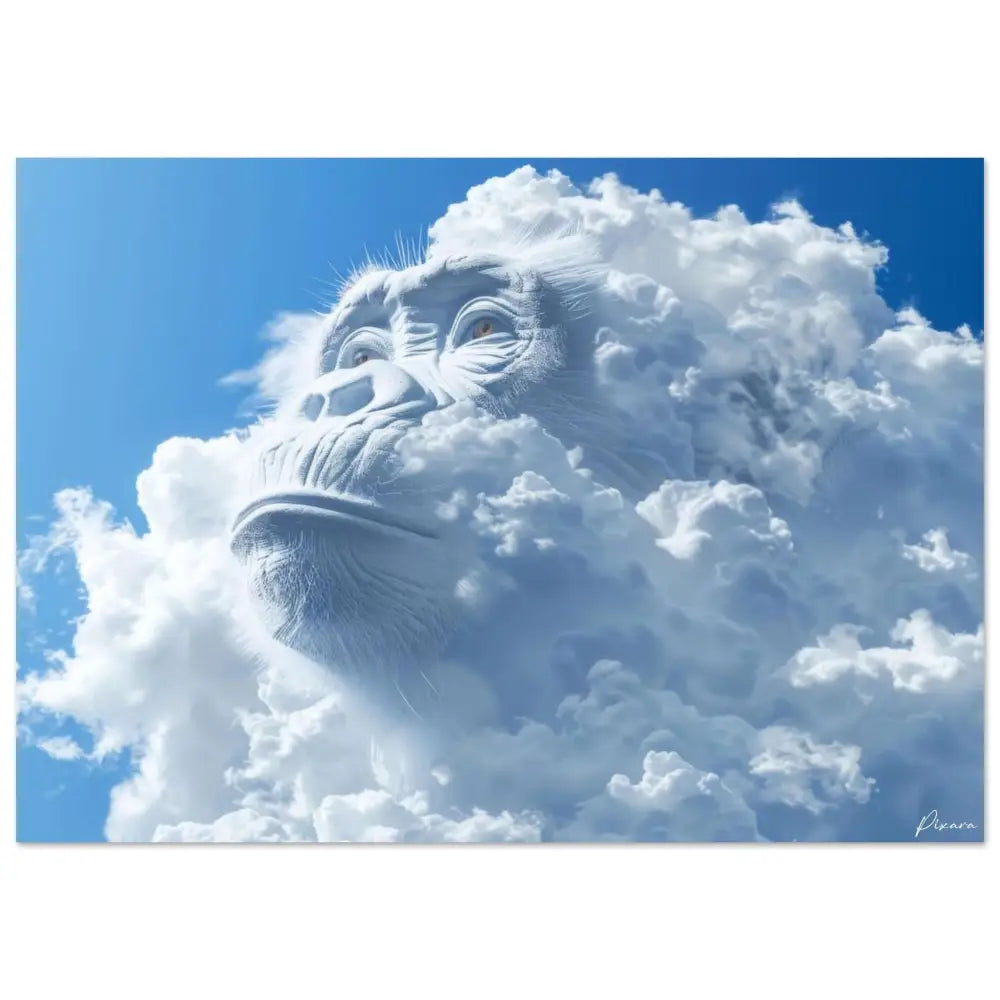 Un visage de chimpanzé blanc frappant émerge de nuages volumineux et duveteux sur un ciel bleu vibrant.