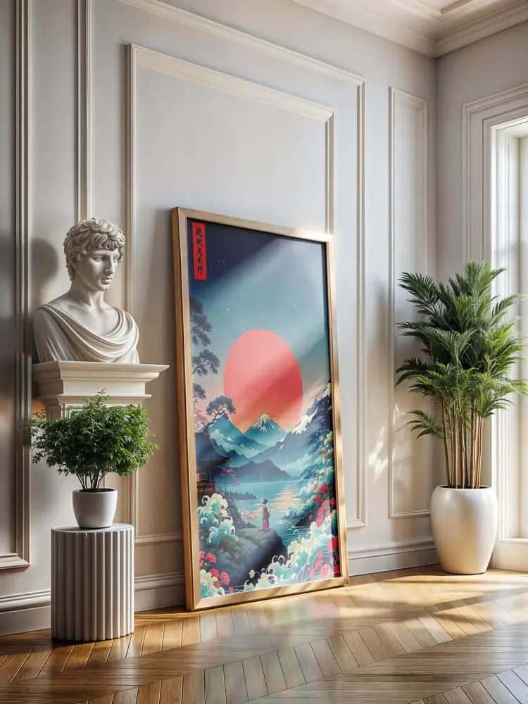 Une œuvre d’art encadrée orientée verticalement présentant un paysage stylisé d’inspiration japonaise avec un grand soleil rouge, des montagnes superposées et des éléments floraux vibrants dans des tons de bleu, vert, rose et orange.