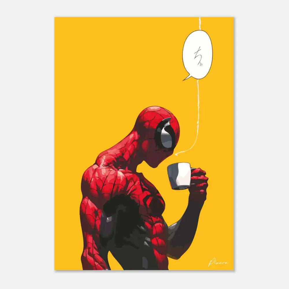 Impression d’art de bande dessinée Spider-Man rouge et noir mettant en vedette une illustration stylisée du super-héros sirotant une tasse blanche sur un fond jaune vibrant.