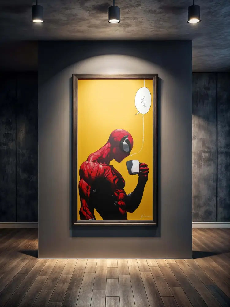 Une œuvre d’art encadrée représentant un Spider-Man rouge et noir de profil, sirotant d’une tasse blanche sur un fond jaune vibrant.