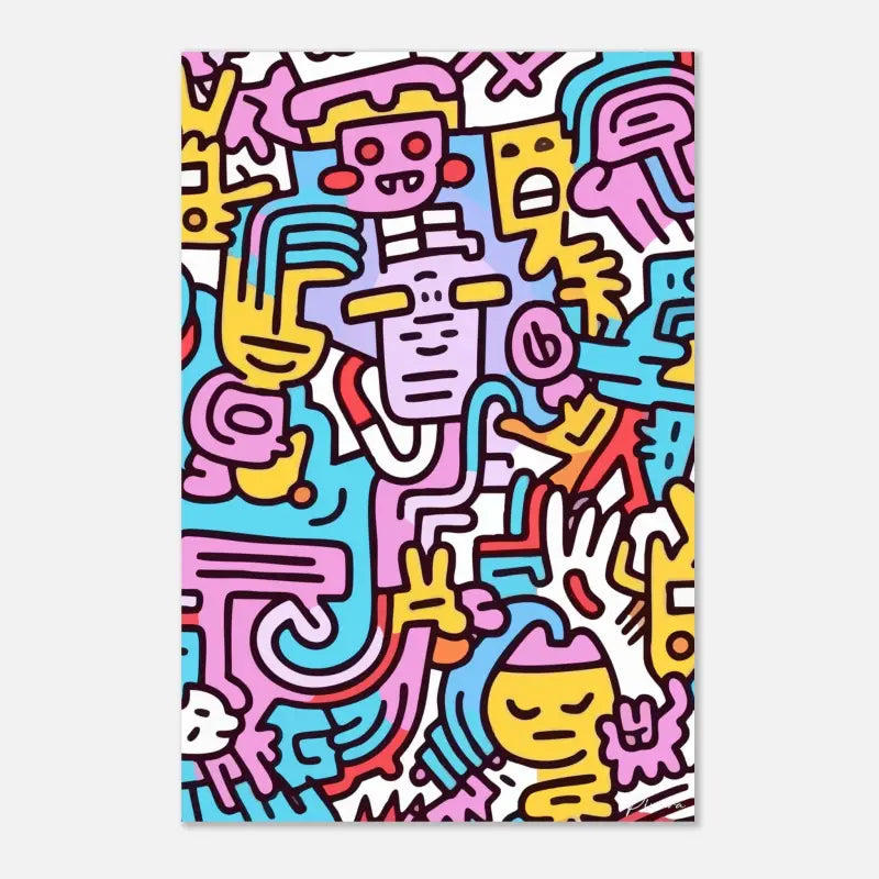 Affiche vibrante de style cartoon mettant en scène des personnages abstraits audacieux et colorés en rose, jaune, bleu et rouge sur un fond blanc.