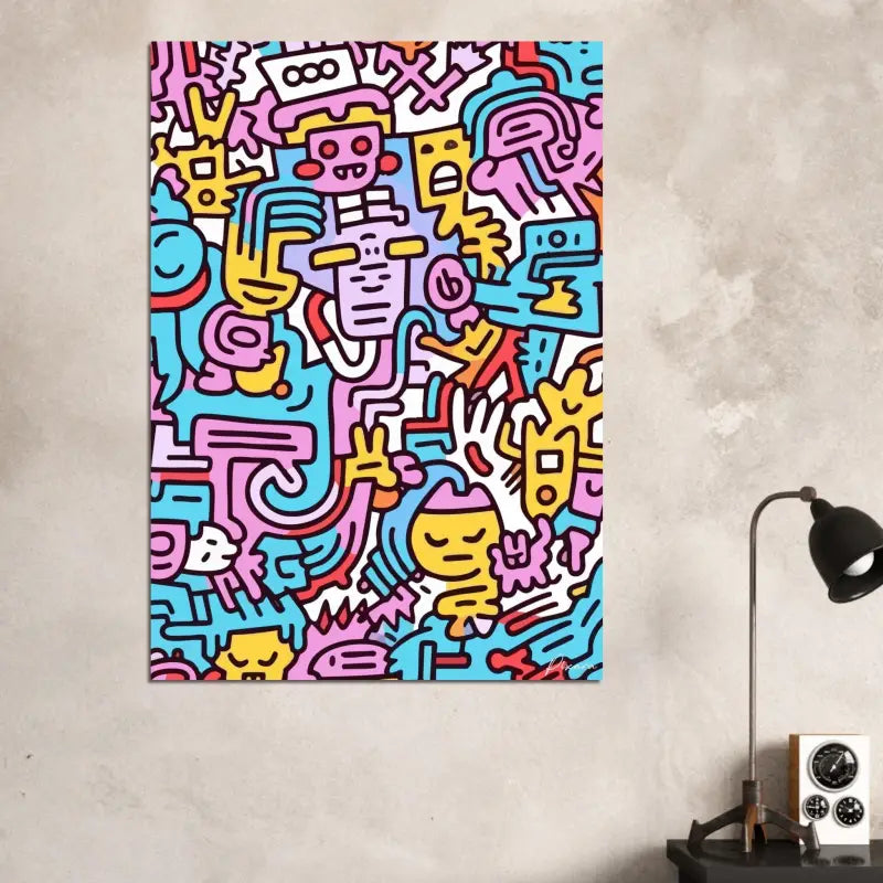 Impression sur toile style cartoon vibrant et coloré mettant en scène des personnages abstraits aux contours audacieux et un design ludique.