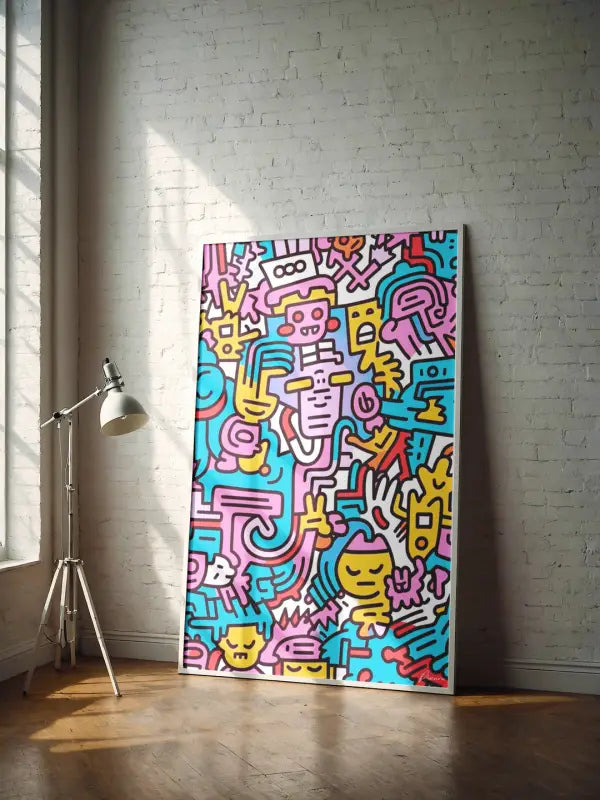 Peinture sur toile vibrante et colorée de style graffiti avec des personnages cartoon aux couleurs vives en rose, bleu, jaune et rouge sur un cadre blanc.