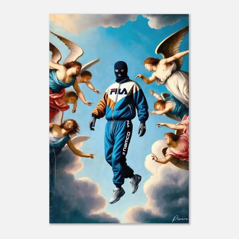 Survêtement bleu et blanc de marque Fila avec des accents orange, porté par une figure masquée flottant parmi des figures angéliques.