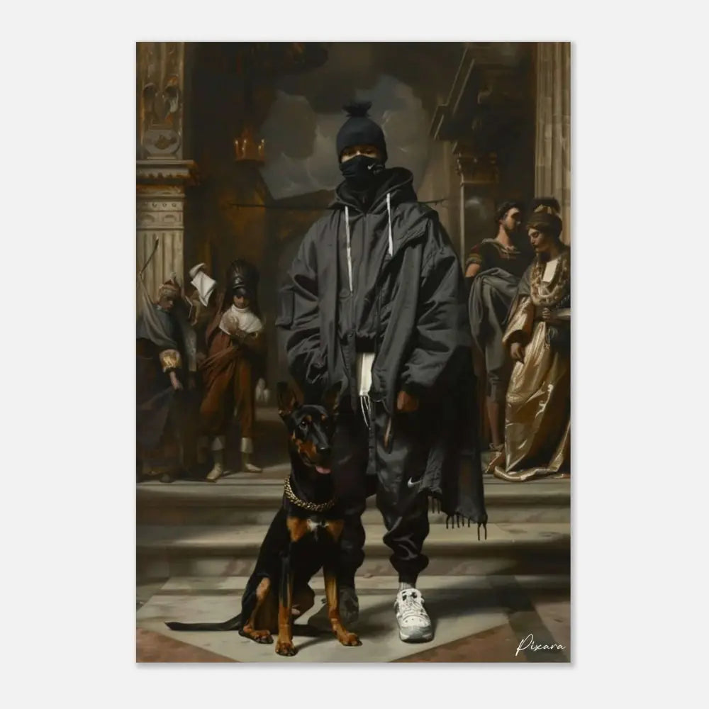 Un doberman pinscher noir et feu portant un collier en chaîne argentée se tient à côté d’une personne vêtue de streetwear sombre et moderne.