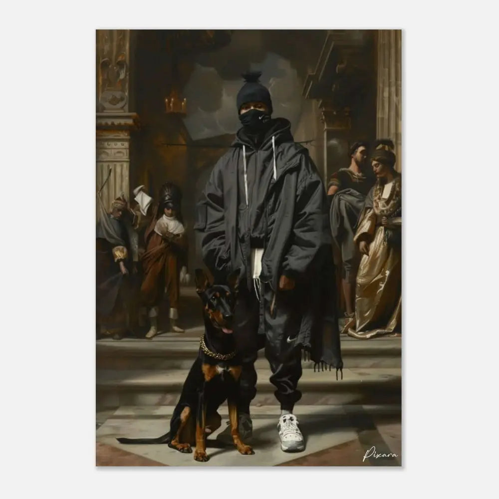 Un doberman pinscher noir et feu portant un collier en chaîne argentée se tient à côté d’une personne vêtue de streetwear sombre et moderne.