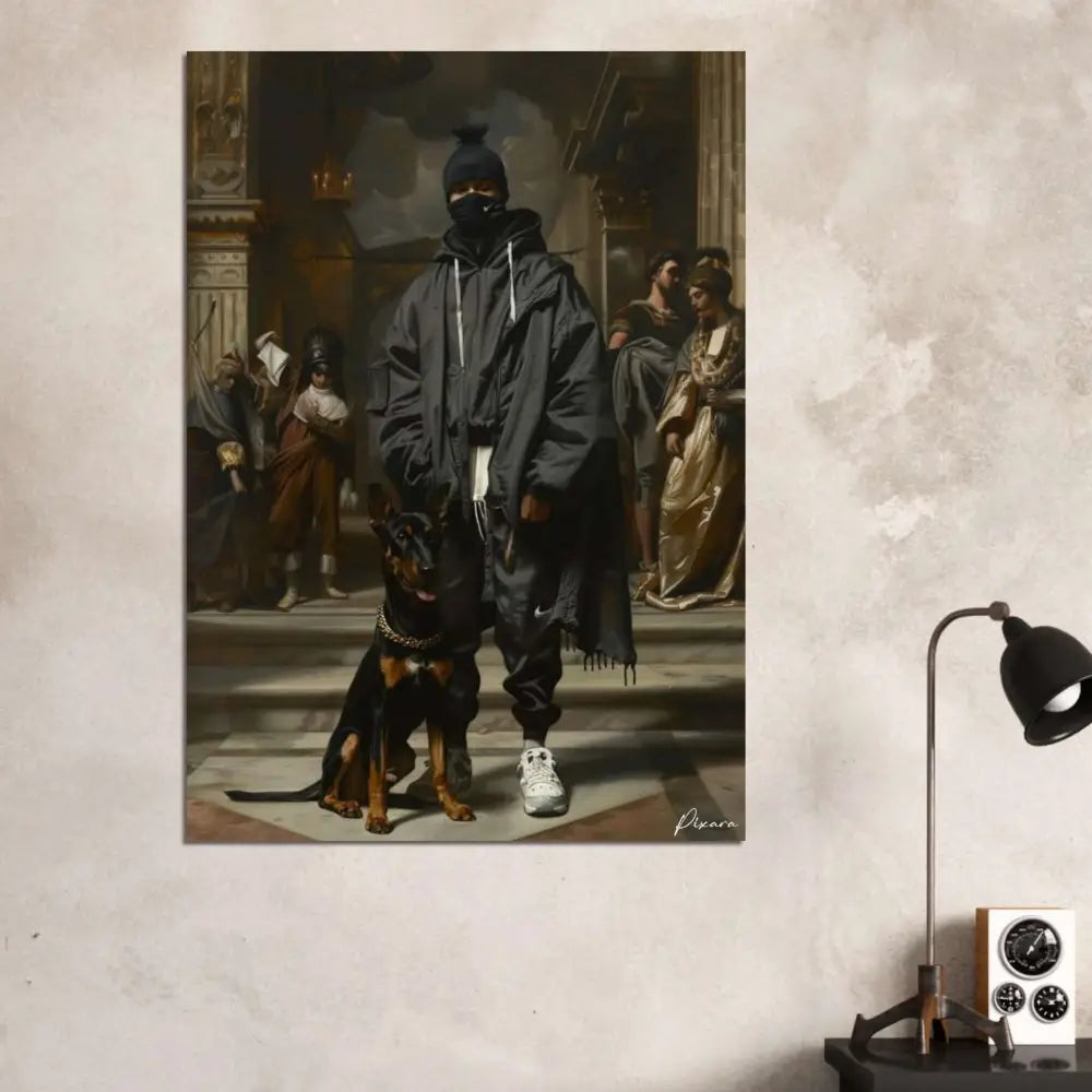 Veste à capuche noire avec une fermeture éclair blanche et ourlet effiloché, portée par une silhouette debout à côté d’un doberman pinscher devant une architecture classique.