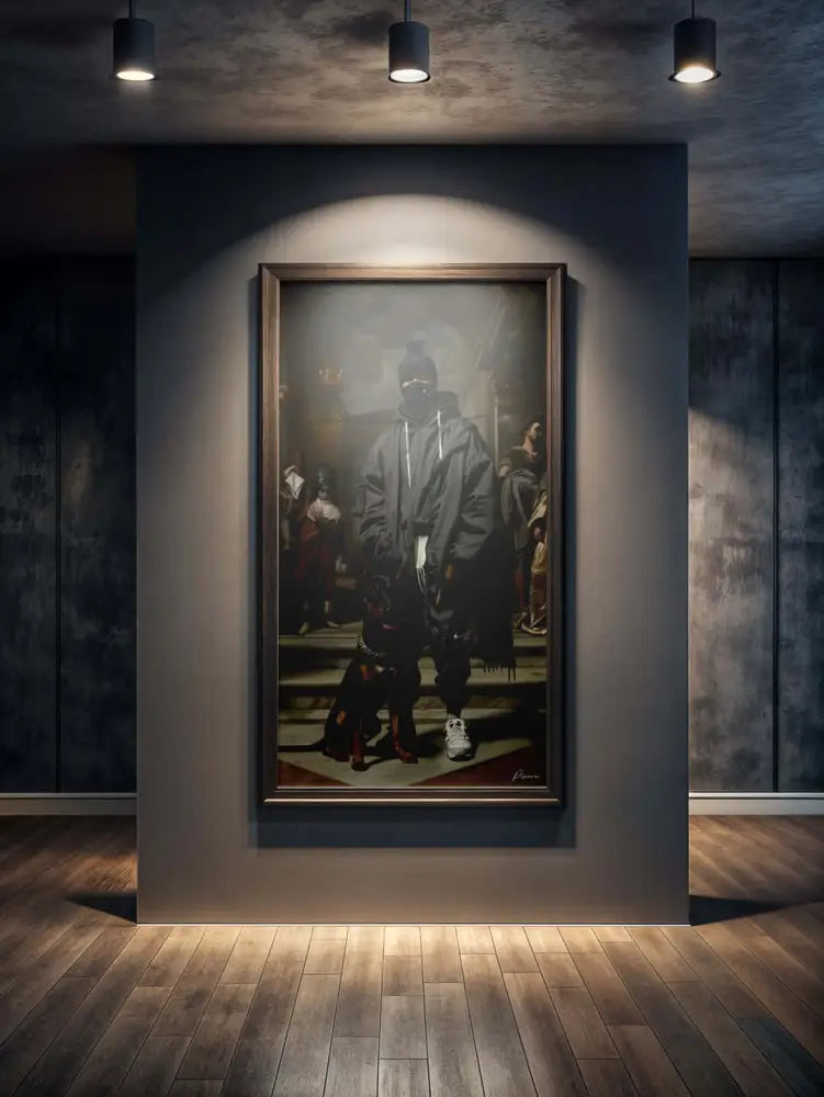 Un tableau encadré représentant une figure vêtue de vêtements sombres et superposés avec un chien à ses pieds.