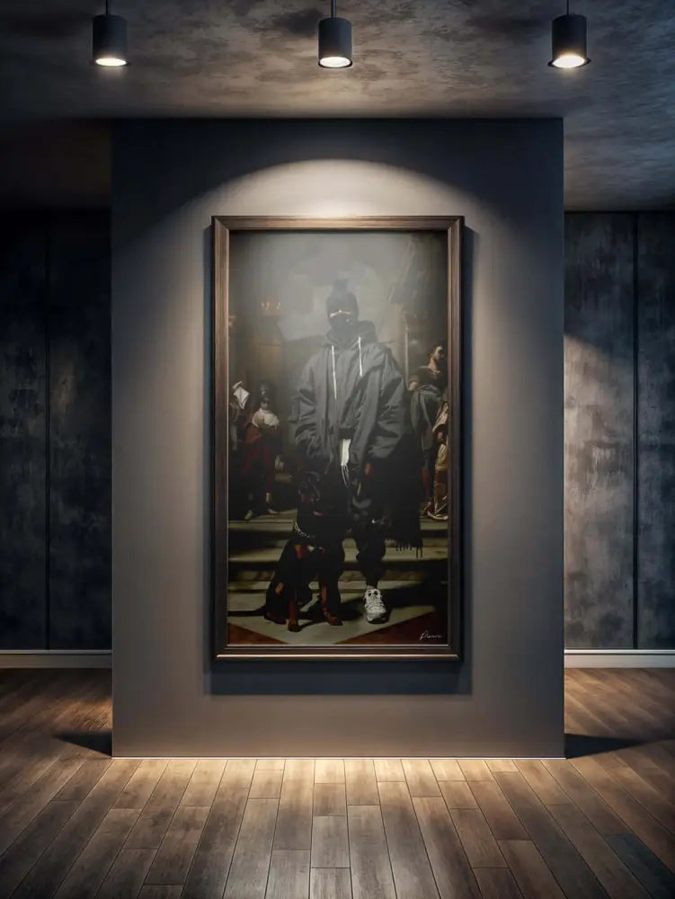 Un tableau encadré représentant une figure vêtue de vêtements sombres et superposés avec un chien à ses pieds.