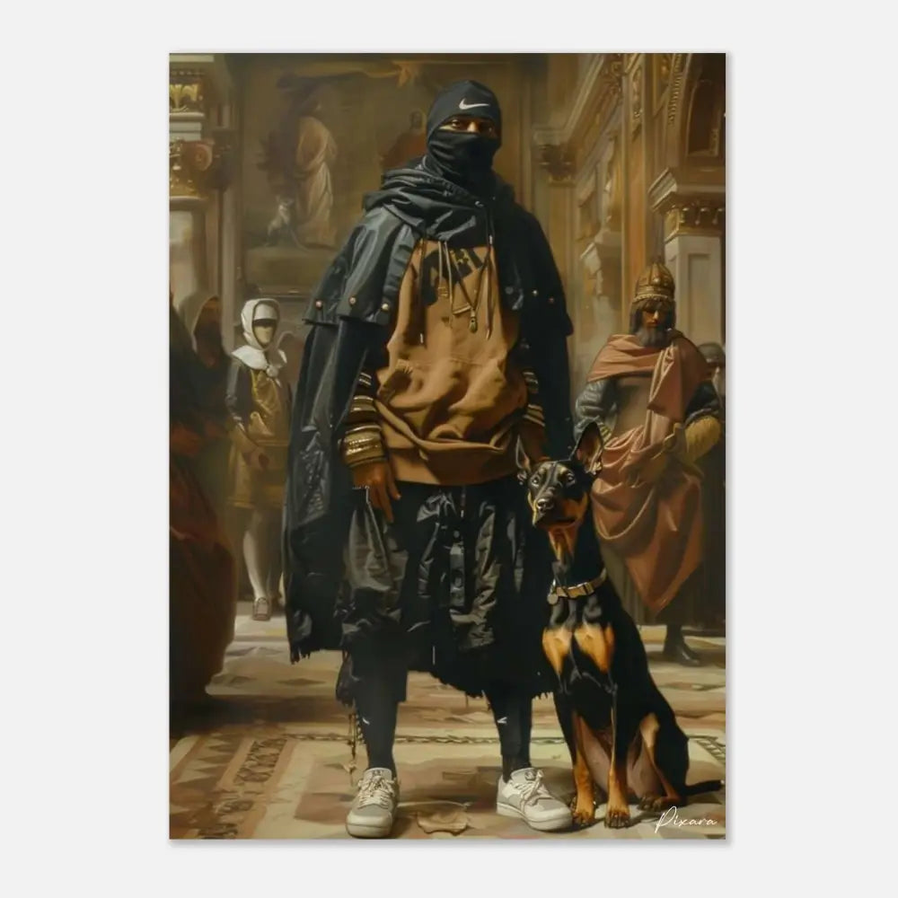 Un doberman pinscher noir et feu avec un collier doré se tient à côté d’une personne en streetwear sombre et superposé.