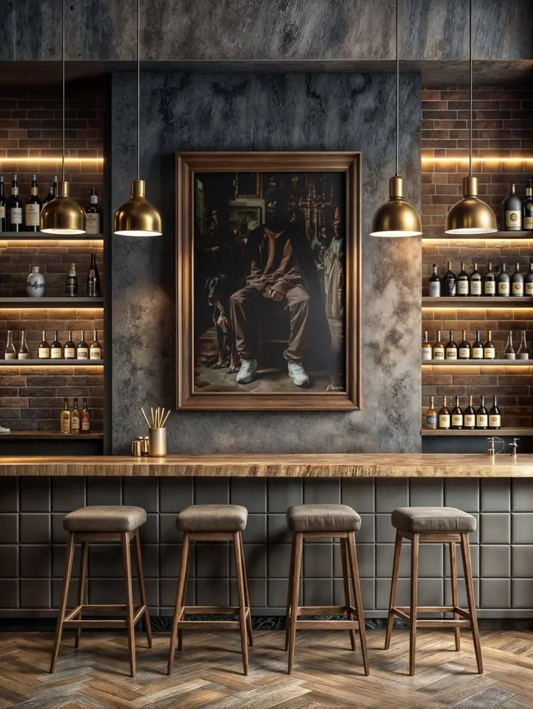 Un portrait encadré avec une toile sombre et texturée et un cadre en bois brun riche est accroché de manière proéminente au mur.