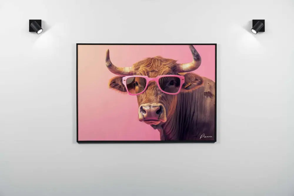 Une œuvre d’art encadrée représentant un taureau brun aux cornes proéminentes portant des lunettes de soleil rose vif sur un fond rose uni.