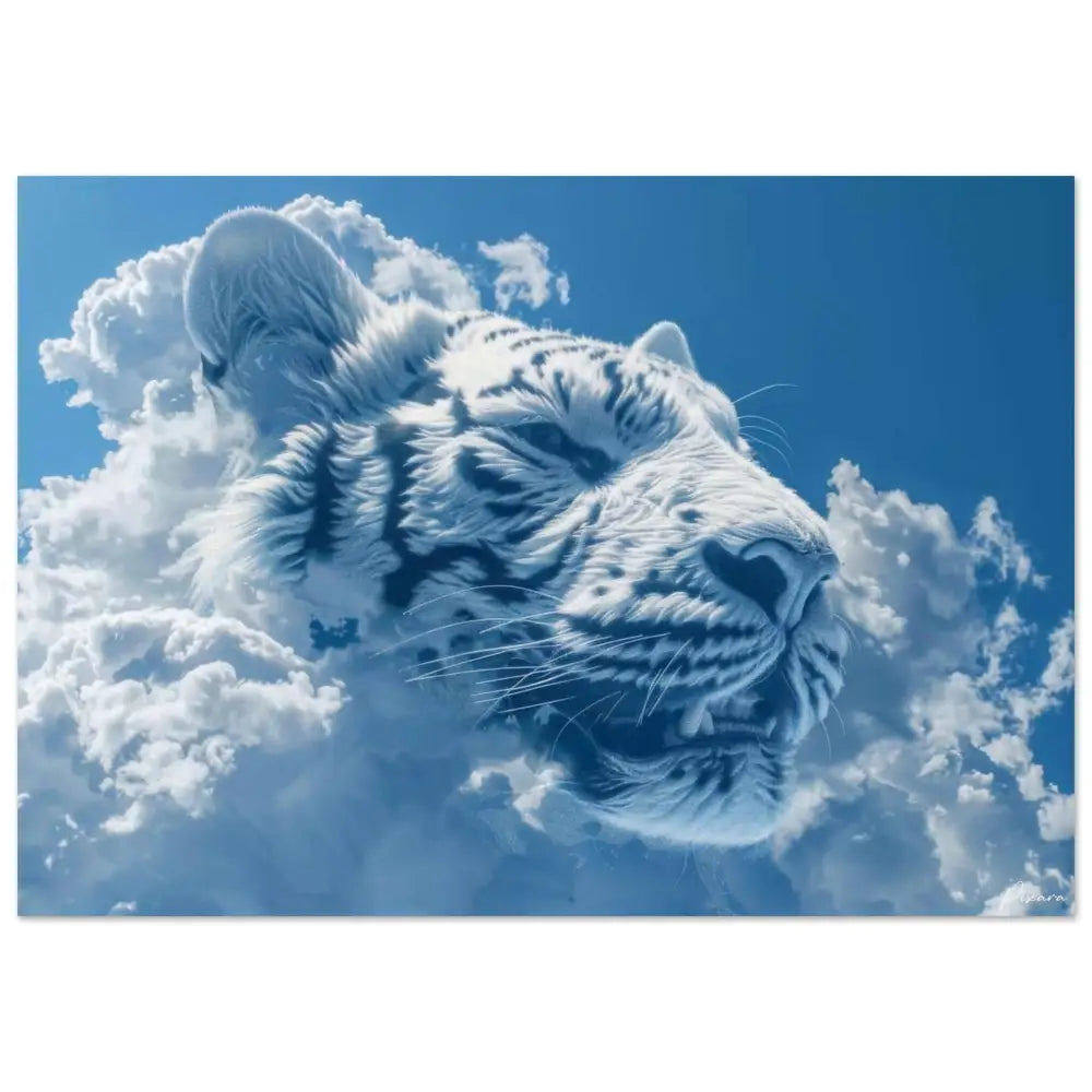 Une tête de tigre blanc saisissante émerge de nuages moelleux sur un ciel bleu vibrant, rendue en art numérique détaillé.