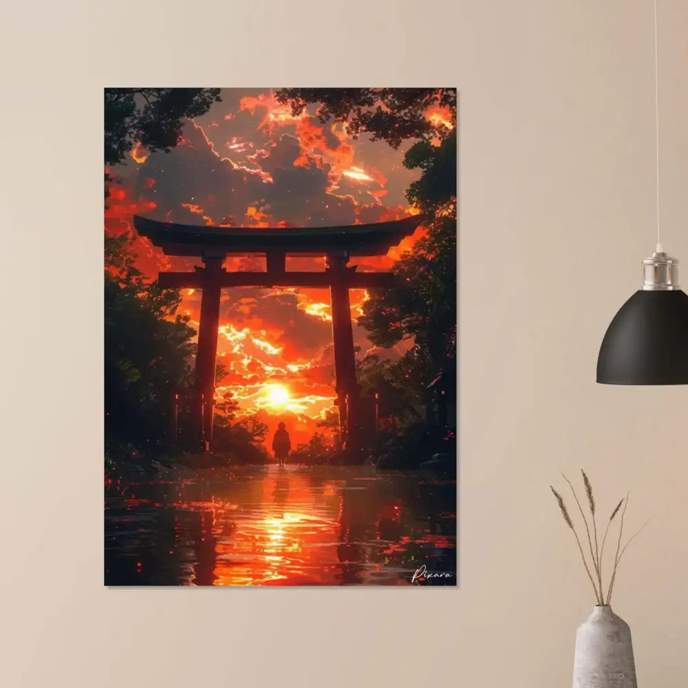 Une impression d’art numérique vibrante dépeignant une porte torii japonaise traditionnelle silhouettée contre un coucher de soleil intense orange et rouge, avec des reflets scintillant sur le sol humide en dessous.