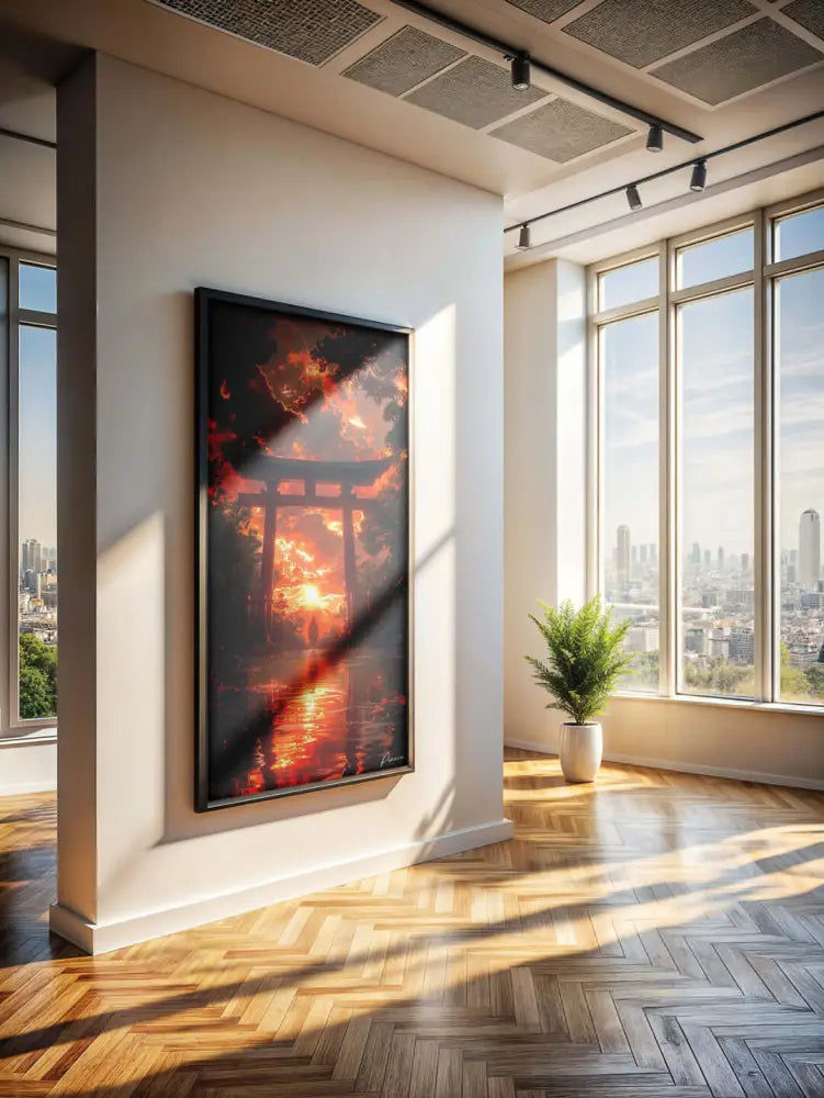 Une œuvre d’art encadrée représentant une porte torii au coucher du soleil avec des teintes orange et rouge ardentes, sur un fond sombre.