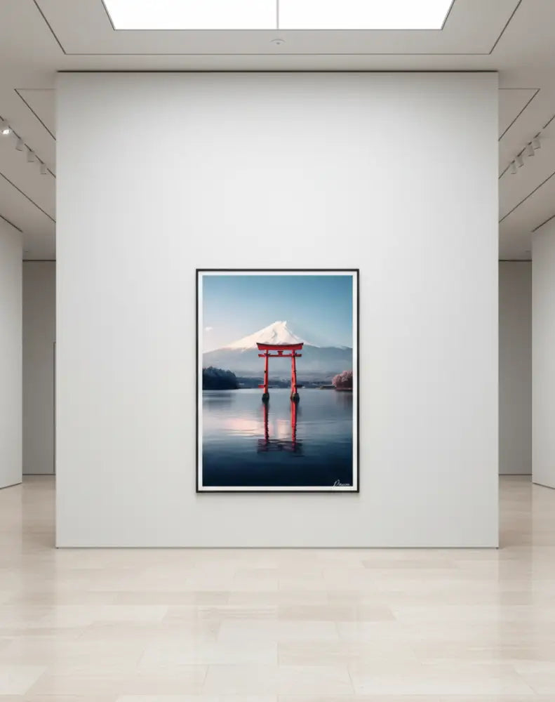 Une photographie encadrée d’une porte torii rouge se reflétant dans une eau calme avec le mont Fuji en arrière-plan.