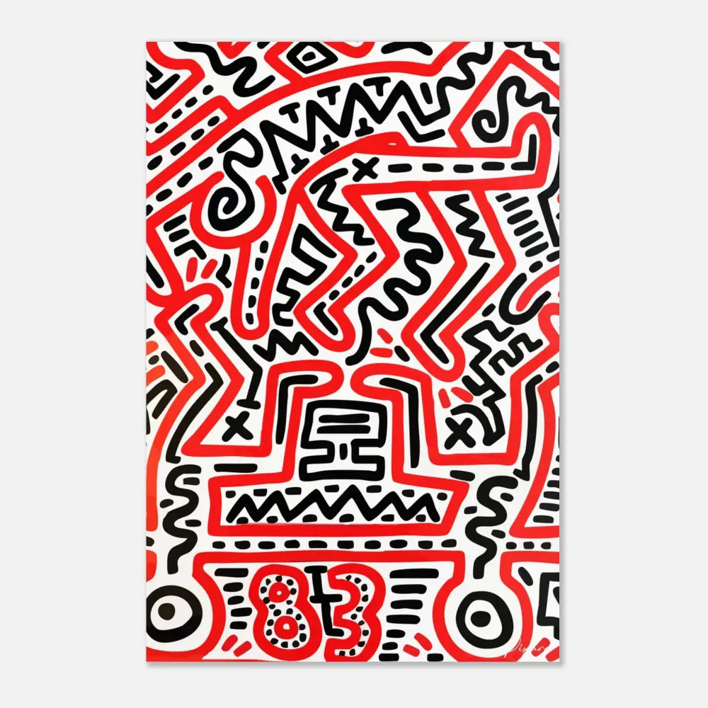 Une œuvre d’art abstraite vibrante en rouge et noir présentant des lignes audacieuses et énergiques sur un fond blanc.