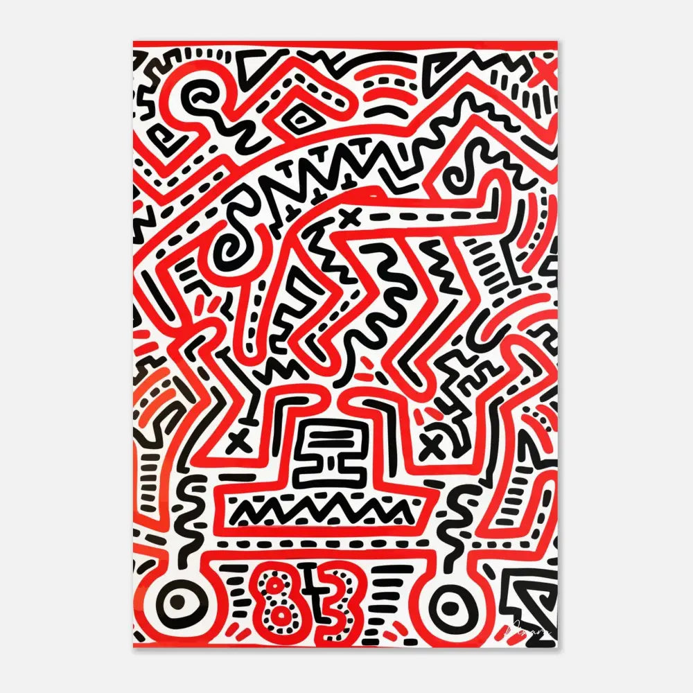 Une œuvre d’art abstraite vibrante en rouge et noir mettant en scène des lignes audacieuses et énergiques ainsi que des formes géométriques sur un fond blanc.