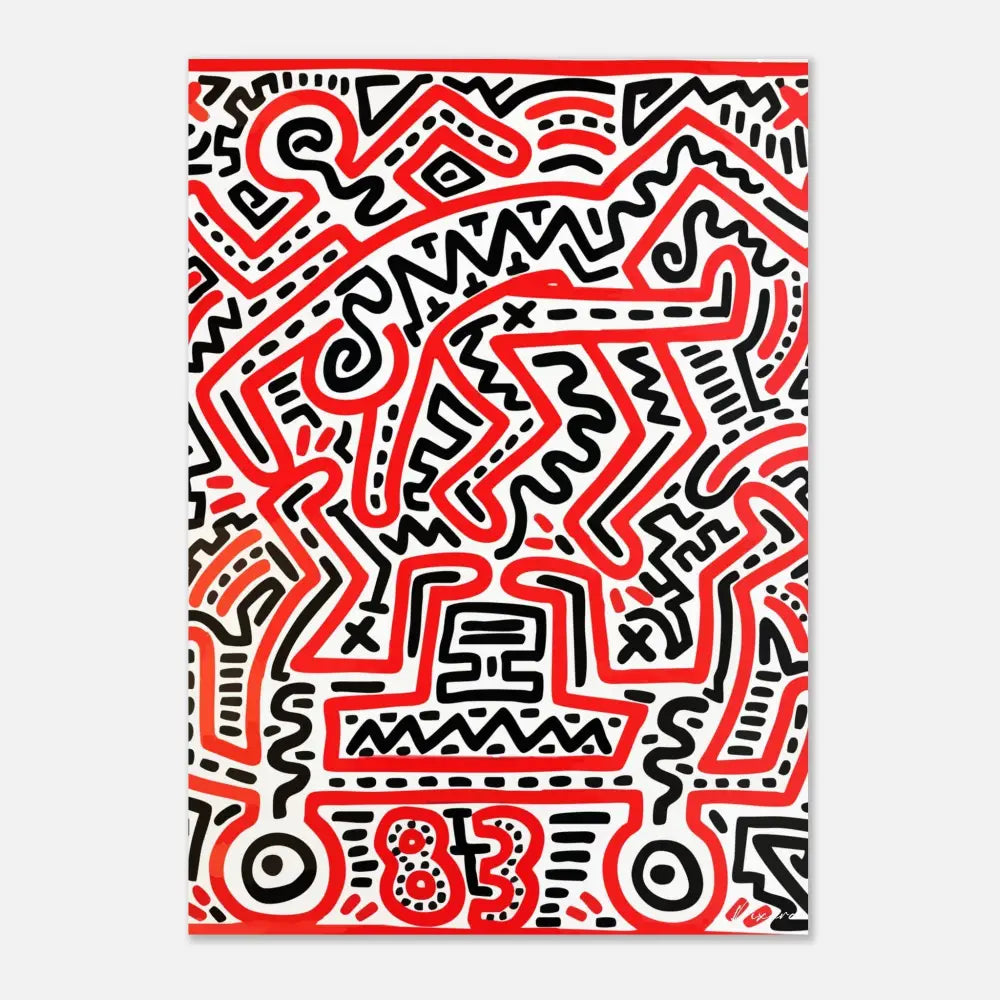 Œuvre d’art abstraite vibrante en rouge et noir mettant en scène des lignes audacieuses et énergiques sur un fond blanc.