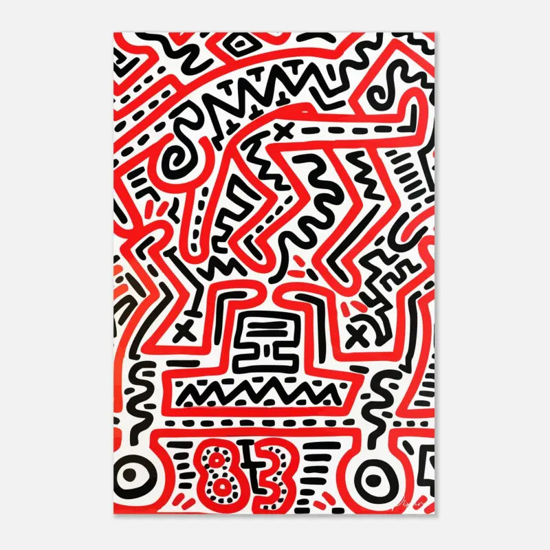 Une œuvre d’art abstraite vibrante en rouge et noir présentant des lignes audacieuses et énergiques sur un fond blanc.