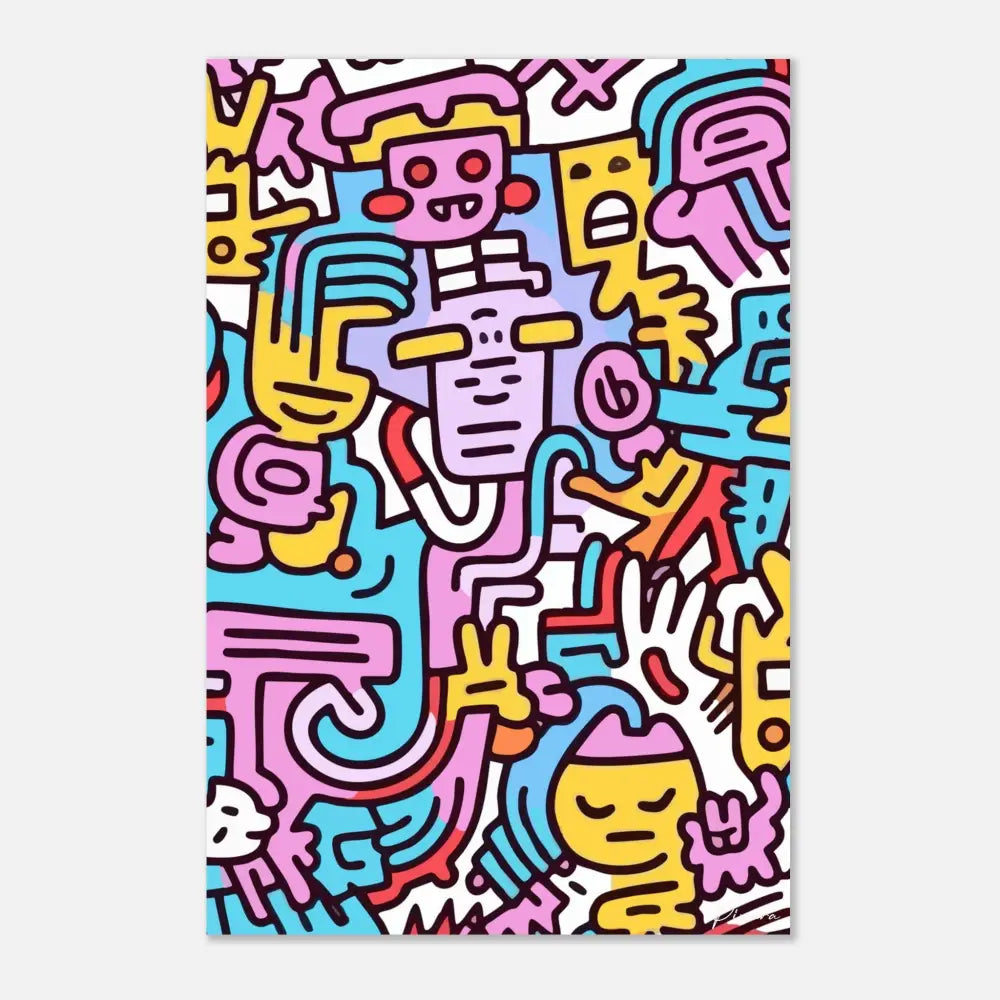 Affiche vibrante de style cartoon mettant en scène des personnages abstraits audacieux et colorés en rose, jaune, bleu et rouge sur un fond blanc.