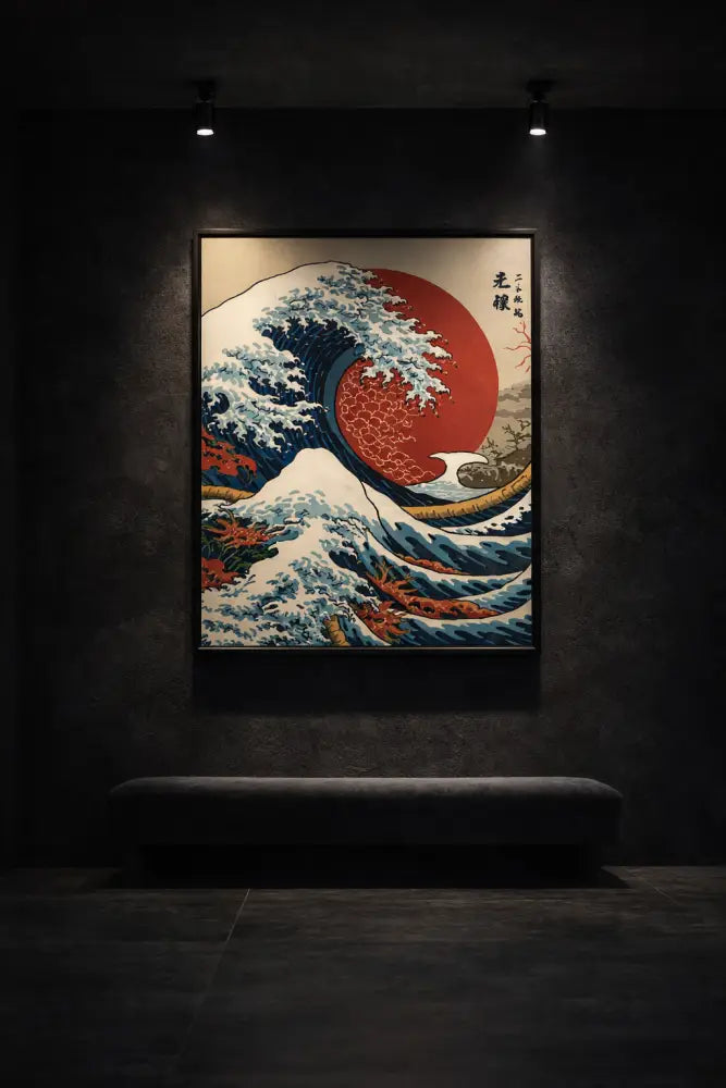 Une reproduction encadrée de « La Grande Vague de Kanagawa » de Hokusai, présentant un soleil rouge audacieux et des vagues bleues dynamiques s’écrasant sur le mont Fuji, rendue dans le style traditionnel ukiyo-e avec un détail intricé.