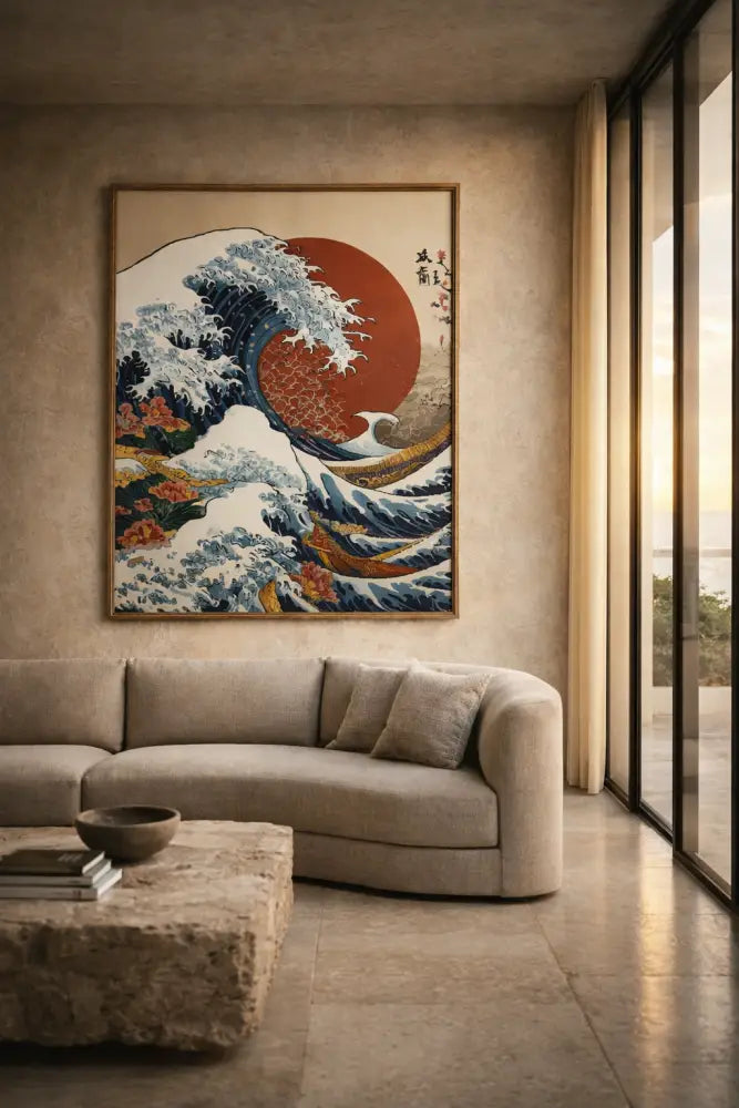 Une reproduction encadrée de ’La Grande Vague de Kanagawa’ de Hokusai, présentant un soleil rouge audacieux et des vagues bleu-blanc dynamiques, rendue dans le style traditionnel ukiyo-e avec des accents dorés.