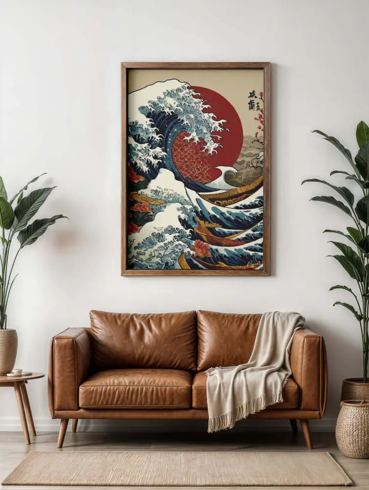 Une reproduction encadrée de « La Grande Vague de Kanagawa » de Hokusai, présentant un soleil rouge audacieux et des vagues bleu-vert dynamiques, enfermée dans un cadre en bois simple.