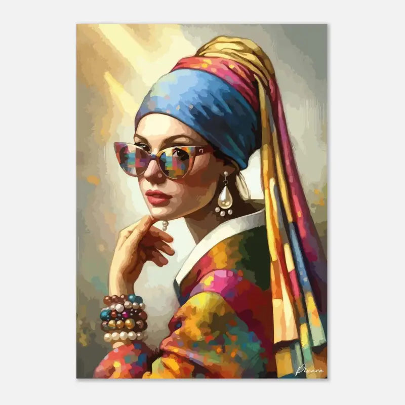 Une réinterprétation vibrante et moderne de « La Jeune Fille à la perle » de Vermeer, présentant le sujet avec des lunettes de soleil colorées et un foulard multicolore.