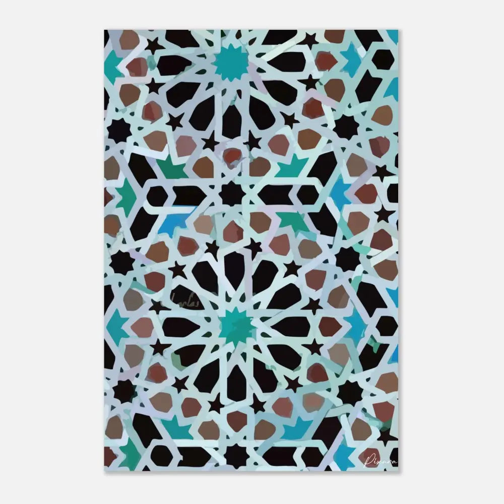 Une impression d’art rectangulaire présentant un motif géométrique complexe aux tons turquoise, noir et marron.