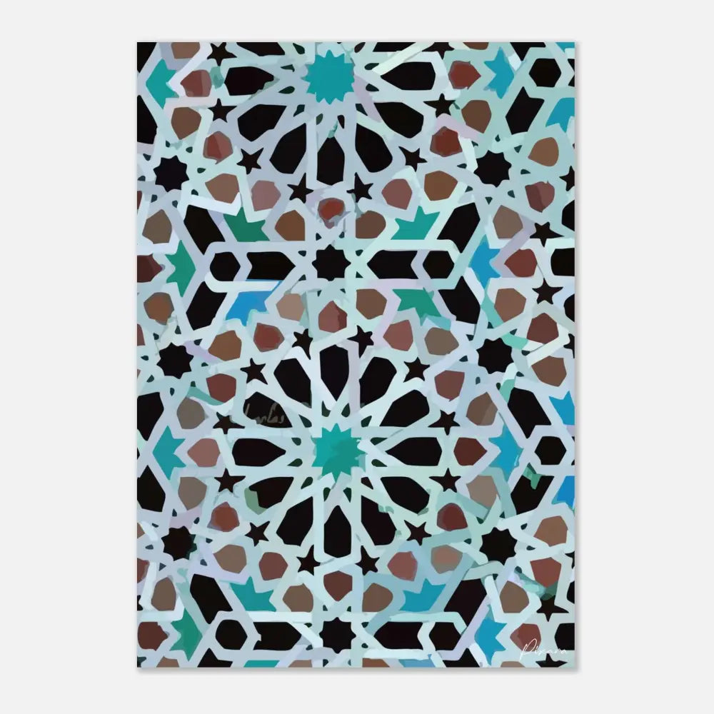 Un tirage sur toile rectangulaire présentant un motif géométrique complexe aux tons de turquoise, noir et marron.