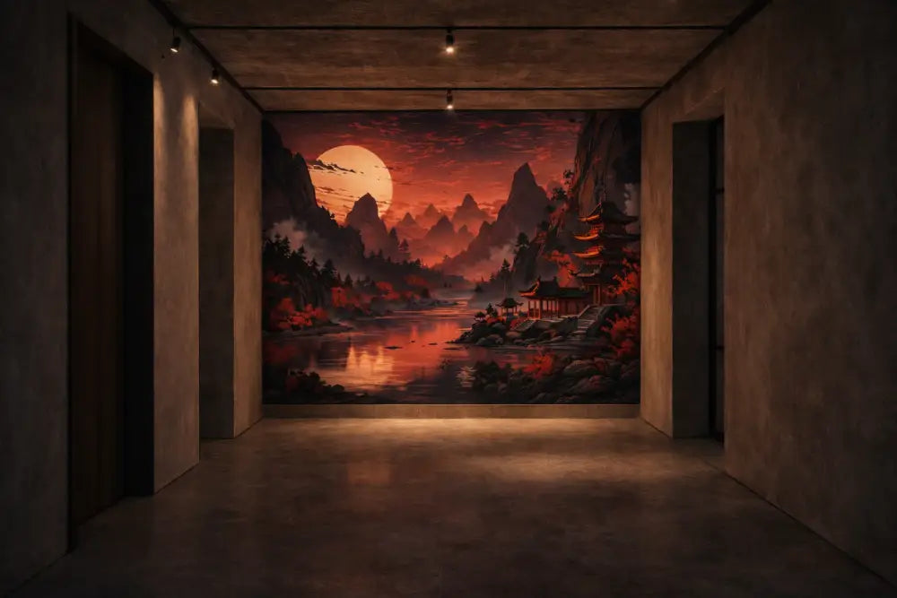 Une fresque murale de paysage de coucher de soleil vibrant aux tons rouge et orange, présentant des montagnes brumeuses, un lac réfléchissant, des bâtiments traditionnels de style pagode et des arbres automnaux.