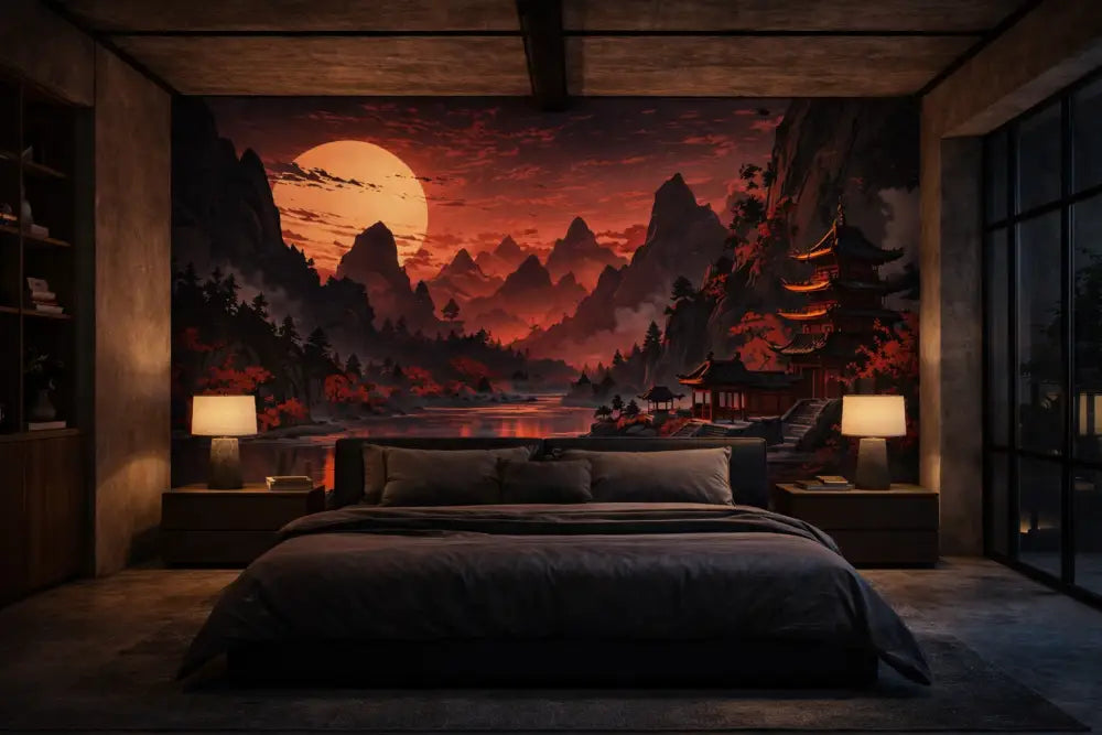 La fresque représente un coucher de soleil dramatique au-dessus de montagnes stylisées et d’architecture traditionnelle est-asiatique, rendue en riches rouges, oranges et ombres profondes.