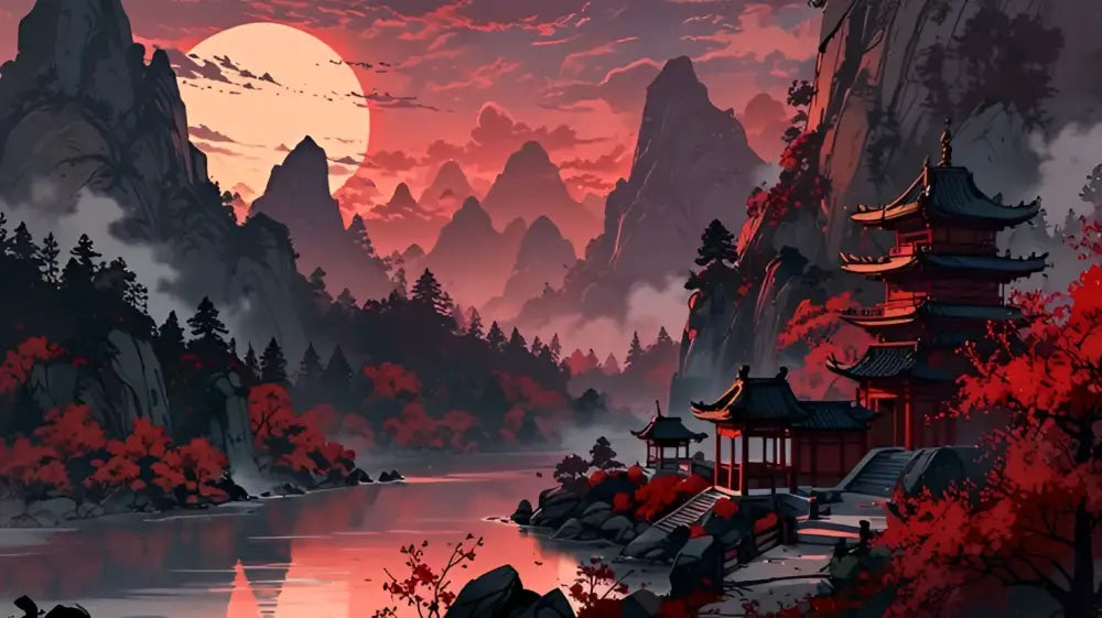 Un pagode chinois traditionnel rouge et noir avec des toits en étages se trouve au bord d’un lac tranquille sous un coucher de soleil rose vibrant.