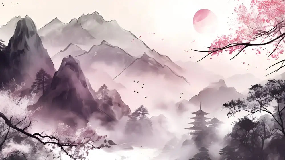 Une branche délicate de cerisier rose avec des pétales dispersés sur un paysage montagneux brumeux aux lavis à l’encre.