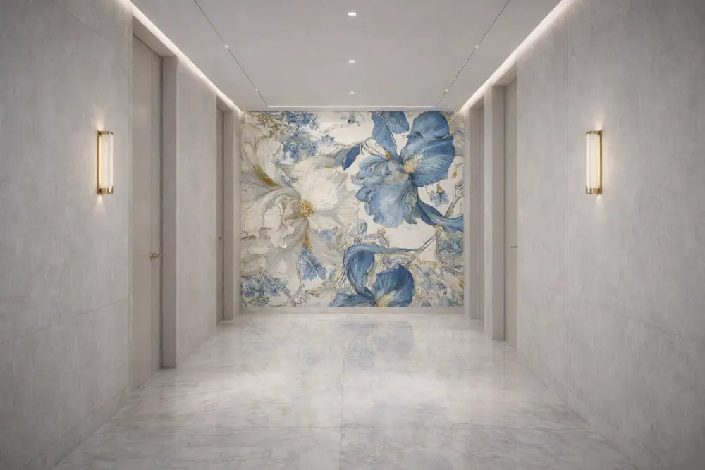 Une grande fresque florale élégante présentant des fleurs bleues audacieuses et des blanches douces avec des accents dorés délicats orne le centre d’un mur de couloir moderne.