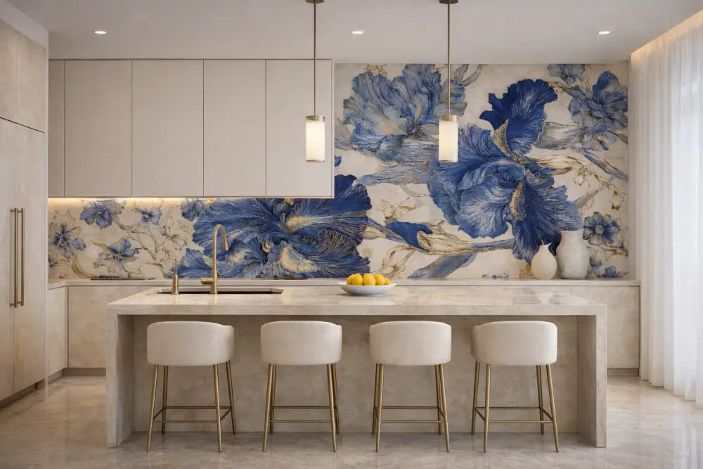 L’îlot de cuisine présente un plan de travail en marbre élégant de couleur claire avec un évier intégré et un robinet aux tons dorés.