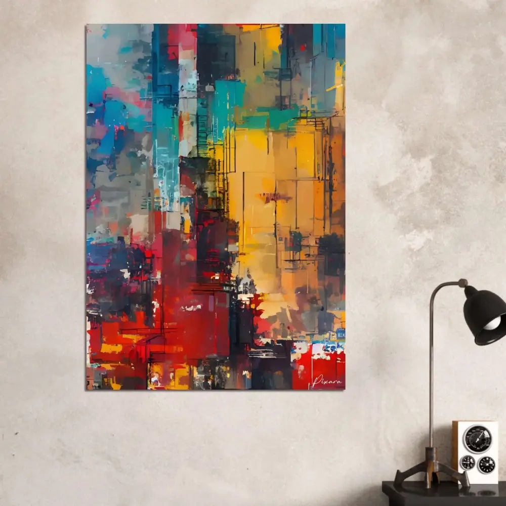 Peinture abstraite vibrante sur toile avec des coups de pinceau audacieux de rouge, jaune, bleu et turquoise contre un mur gris texturé.