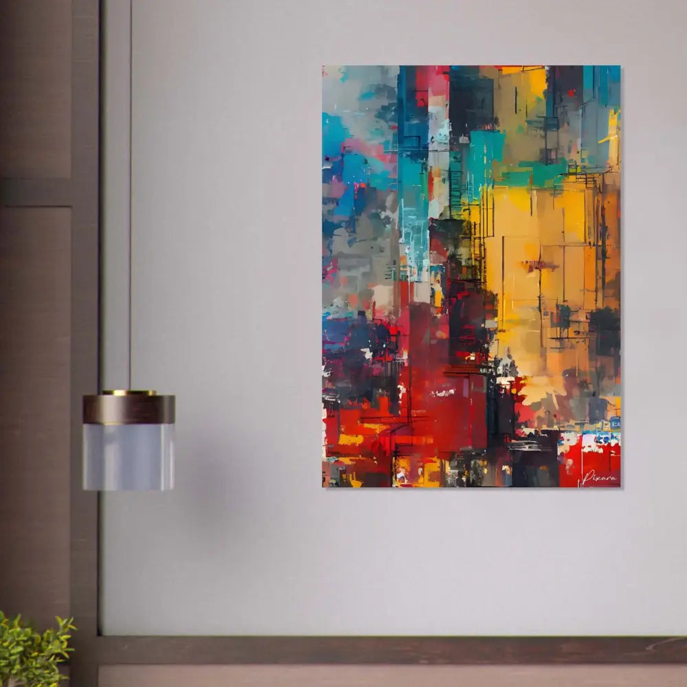 Peinture abstraite sur toile vibrante présentant des coups de pinceau audacieux de rouge, jaune, bleu et turquoise sur une surface texturée.