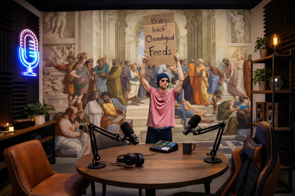 Une personne portant un t-shirt rose et des lunettes de soleil brandit une pancarte en carton sur laquelle on peut lire « ramenez les flux chronologiques » devant une fresque représentant des figures classiques.