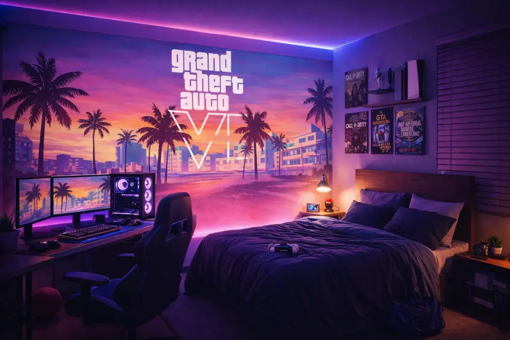 Une salle de jeux vibrante éclairée par des néons, présentant une immense fresque murale de Grand Theft Auto V avec des palmiers et des teintes de coucher de soleil, illuminée par des bandes LED violettes le long du plafond.