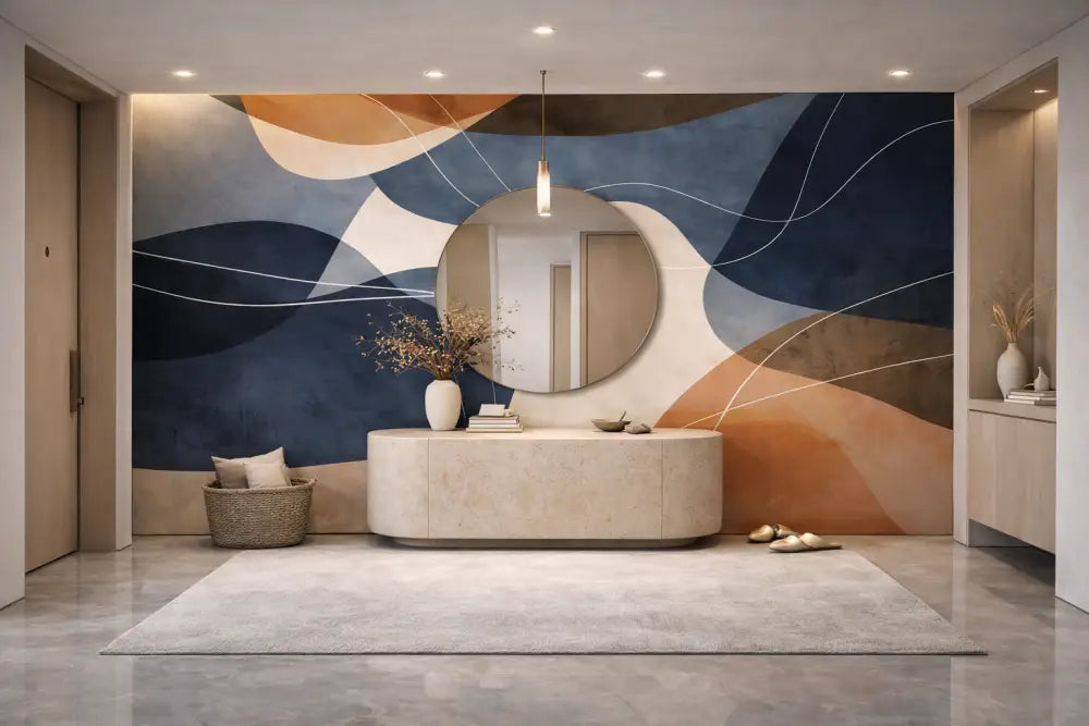 Miroir rond avec un cadre fin et minimaliste suspendu au-dessus d’une table console moderne.