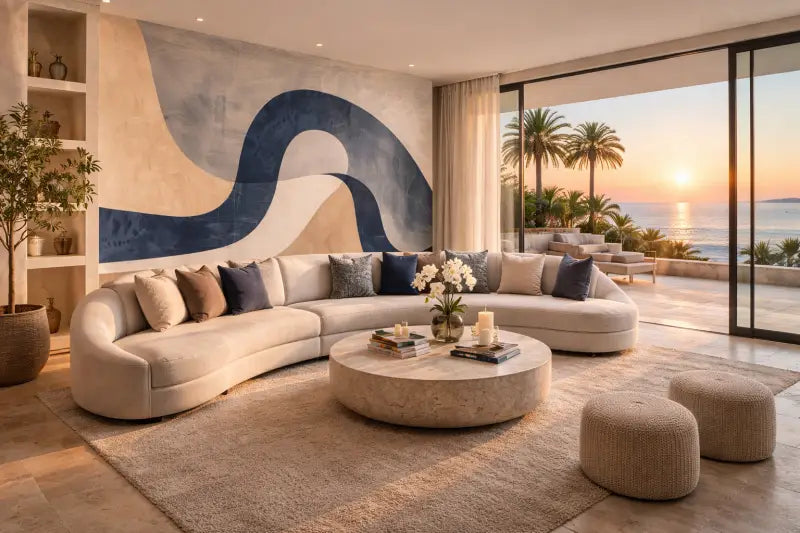 Canapé sectionnel courbé beige avec coussins moelleux et un design moderne et minimaliste.