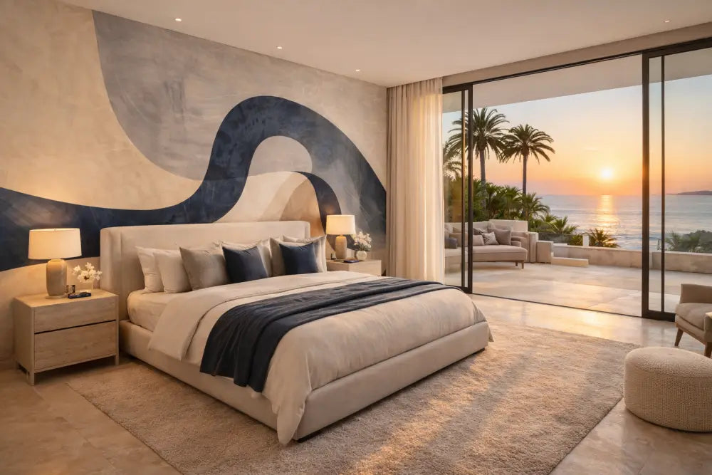 Lit capitonnée beige avec des coussins d’accent bleu marine et une couverture assortie.