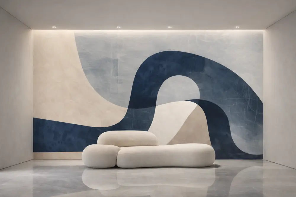 Canapé modulaire en tissu crème, moelleux, aux formes arrondies douces et au design minimaliste.