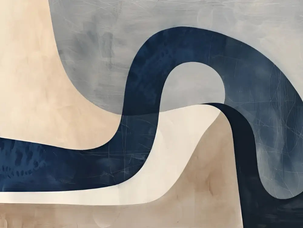 Peinture abstraite mettant en vedette des courbes audacieuses et fluides en bleu marine profond et beige crémeux sur un fond gris texturé.