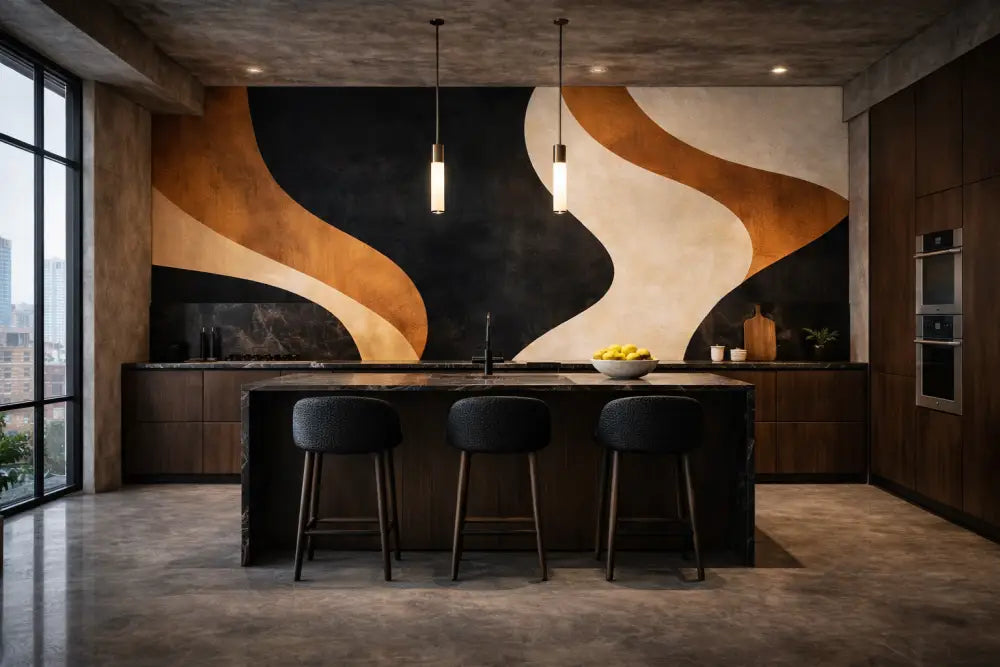 Îlot de cuisine en marbre noir avec trois tabourets de bar rembourrés noirs