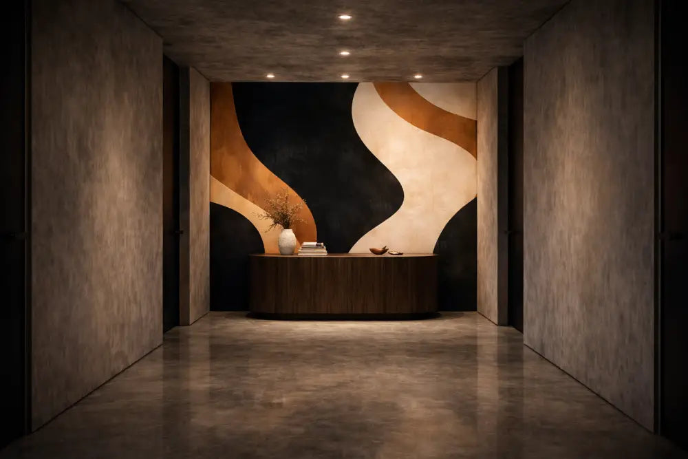Un bureau d’accueil élégant en bois sombre avec une finition lisse et des bords arrondis.
